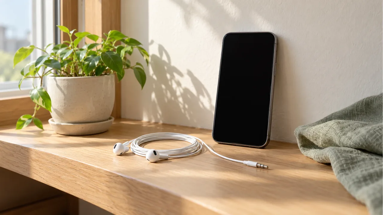 A smartphone with a black screen, white wired earphones, and a small potted plant on a light oak shelf beside a window