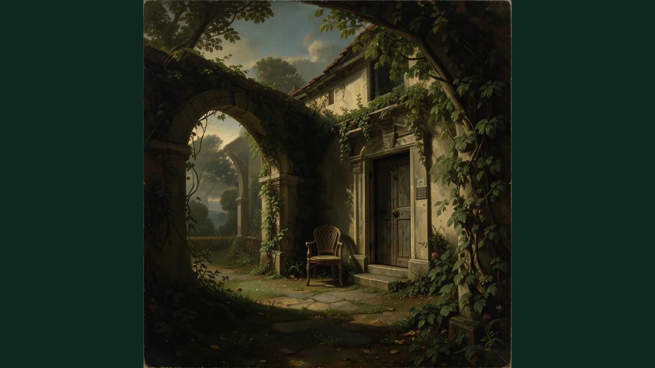 Painting of an empty wooden chair on a stone path in front of a weathered door, beside an ivy-covered stone arch.