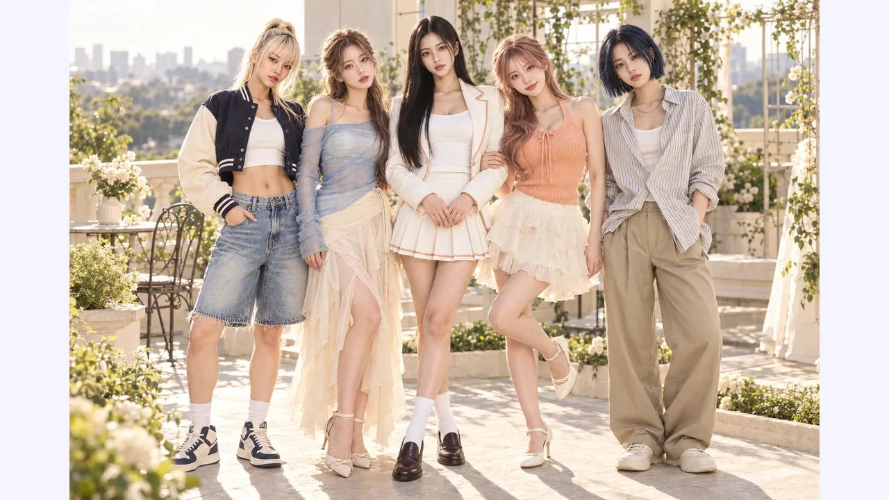 The five members stand together on a bright terrace in pastel outfits and denim.